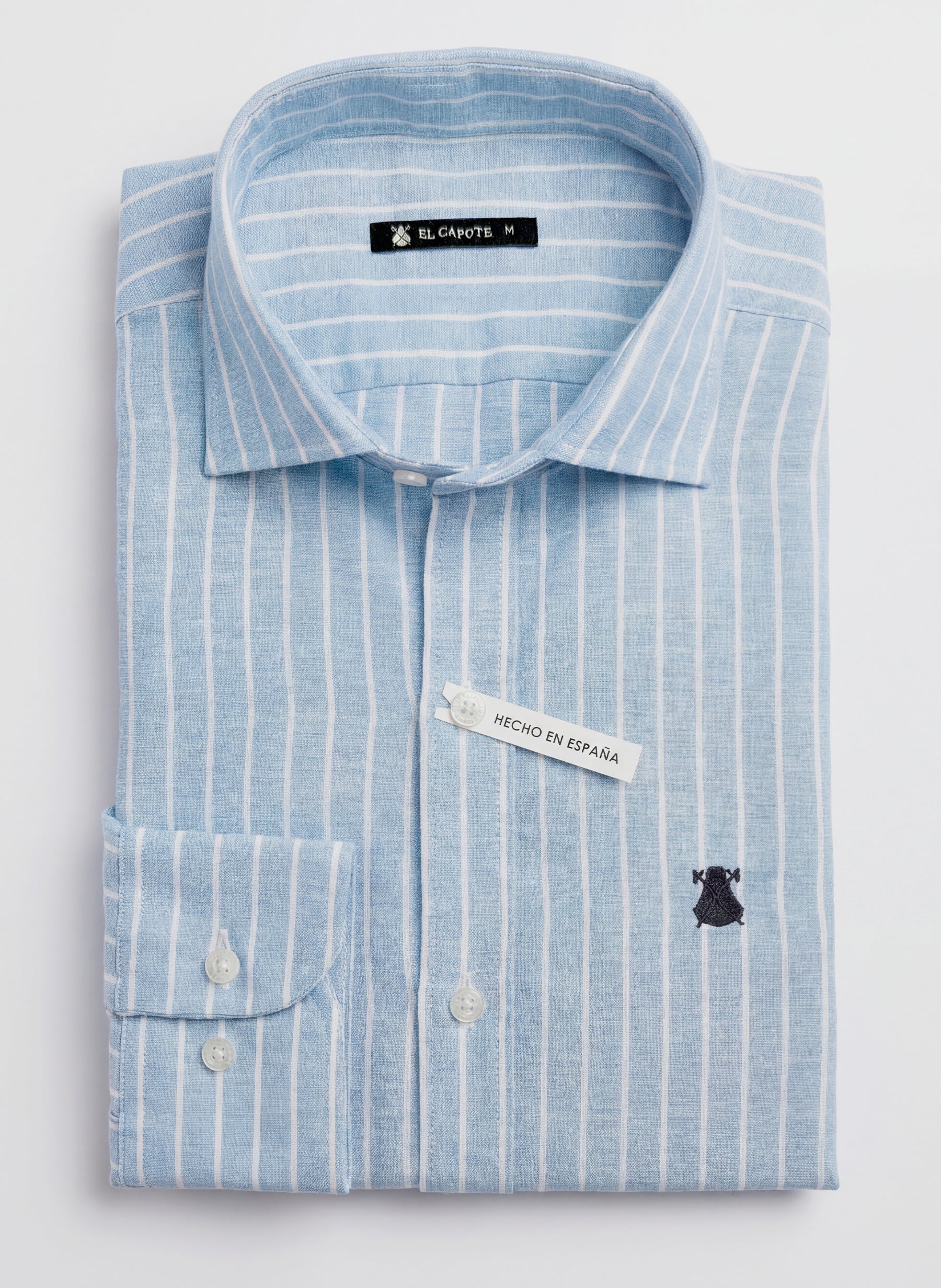 Camisa Celeste Raya Blanca Lino Hombre - Image 3