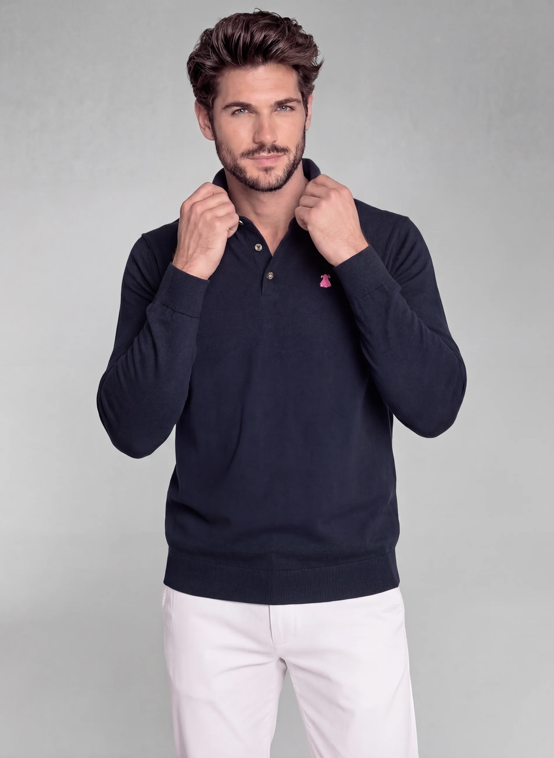 Polo Azul de Punto Manga Larga Hombre - Image 3